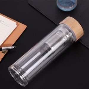 450ml Bamboo Lid Water Cups Double Walled Glass Tea Tumbler With Strainer And Infuser Basket Glass Water Bottles 0225