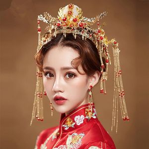 FORSEVEN Bridal Bride Golden Headwear Set Chinese Phoenix Tiara and Crowns Coronet Hair Ornament Wedding Jewelry Accessories