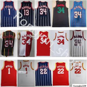 Retro vintage klassiska baskettröjor män Hakeem Olajuwon 34 Clyde Drexler 22 Tracy 1 McGrady 13 Harden Jersey Red White Blue Size Jerseys