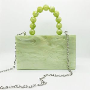 Apple Green Acrylic Afton Bag Beaded Handle Små Square Handväska Kvinnor Klänning Väskor