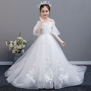 2022 White Flower Girls Dresses For Weddings Sheer Neck långa ärmar Applique Lace Tulle Children Wedding Dresses Girls Pageant Dress