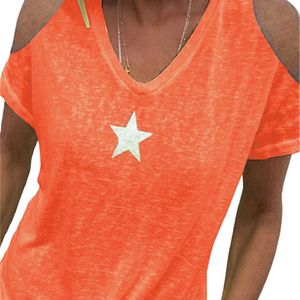2XL Women Sexy Off Shoulder Summer T-shirt Casual Hollow Out Short Sleeve V-Neck Top Ladies Street Loose Elegant Orange Tshirts 220511