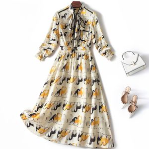 2022 Fall Autumn Long Sleeve Round Neck Multicolor Horse Print Ribbon Tie Bow Pocket Knee-Length Dress Elegant Casual Dresses 22G0985858