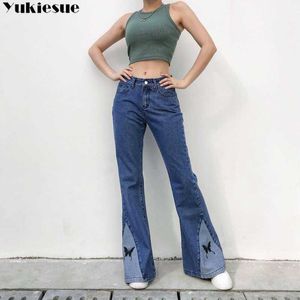 Flare jeans kvinnor för flickor kvinnliga mode kvinnor vintage lapptäcke denim byxor hög midja kvinna byxa harajuku capris 210608