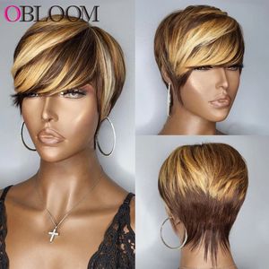 Short Pixie Cut Peruvian Human Hair Wigs with Bangs Ombre Blonde 180 Density None Lace Front Wig Glueless for Black Women
