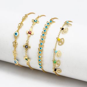Trendy Evil Eye Link Chain Bracelet for Women Girls Beach Simple Gold Chain Charm Bracelets Turkish Jewelry Good Luck Protection Mother's Day Birthday Gifts