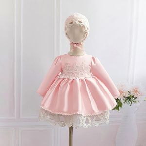 Girl's Dresses Long Sleeve Baby Girl Dress Pink Lace Kids Christening Gown Birthday Party For Baptism 2 Pcs/set With Bonnet