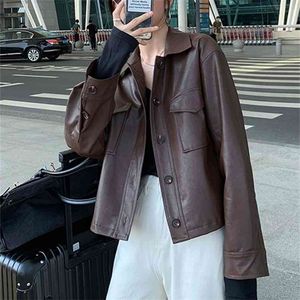 Nerazzurri Spring Oversized Short Soft Brown Leather Jacket Women Long Sleeve Korean Fashion Clothing for Womens Streetwear 210923