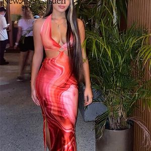Asia Tie Dye Summer Dress Woman Lace Up Hollow Out Backless Split Halter Long Dress Lady Chic Sexy Beach Holiday Party Robe 220511