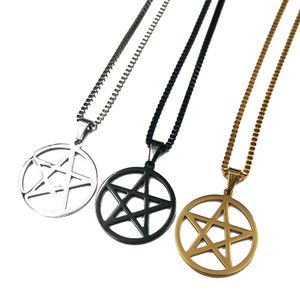 Símbolos de astrologia WicCan Aço inoxidável Pentagrama Pingente Star Pingente para homens Mulheres positivas Cadeia de charme de cinco pontas Chain 2,4 mm 24 polegadas prata/ ouro/ preto