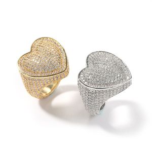 Hip Hop Men's Big Size 6-9 Heart Full Zircon Men Gold Silver Ring Iced Out Micro Pave CZ Rings Punk Jewelry