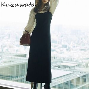 Kuzuwata 2022 Japansk design Kvinnor Robes Temperament Vestidos LAPEL Långärmad skjorta Patchwork Empire stickade smala klänningar 220317