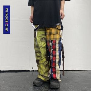 Uncedonjm Lattice Patchwork Hip Hop Harajuku Casual Pants High Street Design Ins Fashion Men byxor T2A002 201110