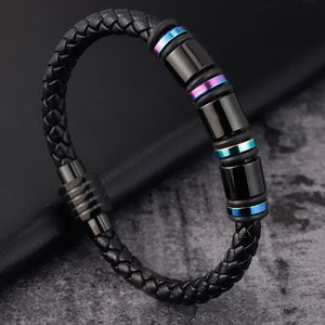 Stainless Steel Charm Black Genuine Leather Bracelets for Men Gift