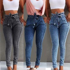 Dames jeans vrouwen hoge taille papieren zak denim magere stretch broek gestapelde casual slanke broek mode bodems