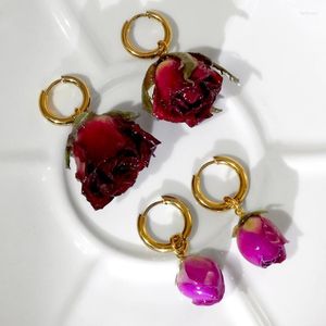 Hoop & Huggie Flatfoosie Red Pink Flower Stainless Steel Earrings For Women Creative Design Real Circle Fashion JewelryHoop Farl22