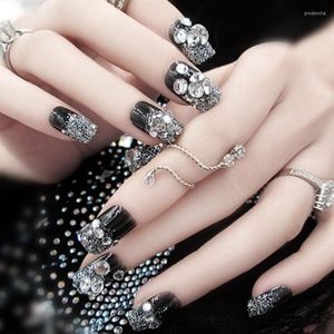 False Nails 24Pcs Luxe Shining Rhinestone Wedding Transparent Glitter Gems Crown Designed Square Full Short Fake Art Bride Prud22