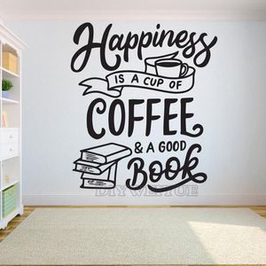 Adesivi murali Sala lettura Libri Adesivo Citazione La felicità è una tazza di caffè Buon libro Decalcomania Studio Decor Murale Z853