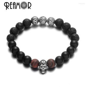 Fili di perline REAMOR Bracciali elasticizzati in pietra naturale lava Bracciali in acciaio inossidabile 316l Teschio Onice nero Bracciale da uomo Gioielli punk Inte22