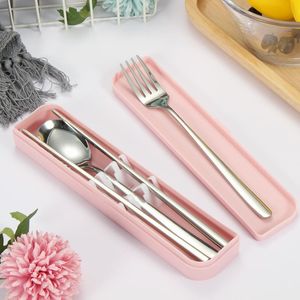 Set di stoviglie Stoviglie Set di posate da viaggio riutilizzabili Utensili da campo con cucchiaio in acciaio inossidabile Bacchette forchetta Paglia Custodia portatile Stoviglie