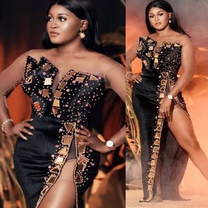 2022 Plus Size Arabic Aso Ebi Black Luxurious Sexy Prom Dresses Beaded Crystals Evening Formal Party Second Reception Birthday Engagmement Gowns Dress ZJ260