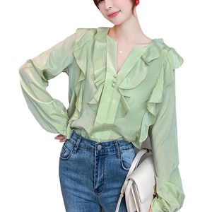Kvinnors blusar skjortor Kvinnor Chiffon Blus Ruffles långärmad V Neck Loose Spring Summer Green White Tops Ladies Plus Size Korean Blus
