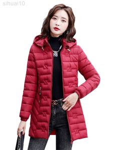 Lätt tunn bomullsrock kvinnor röd lång smal huva ner bomullsjackor 2022 Autumn Winter mode blixtlåsfickor värme kläder l220730