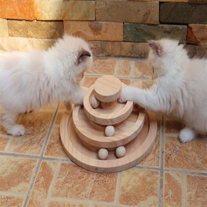 Wooden 2 3 Levels Pet cat Toy Tower Tracks Disc Intelligence Amusement Triple Play Cat toys ball Training Toys LJ201125