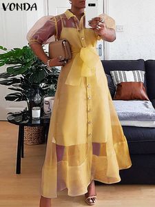 エレガントなローブの女性夏のプリーツパフスリーブルーズドレスフォンダカジュアルラペルカラーボタンアップバギーベスチド特大のサンドレス220521