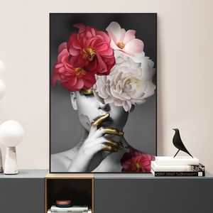 Fiore astratto sulla testa con donne oro dipinti ad olio su tela stampa di poster nordico per la parete artistica per decorazioni soggiorno