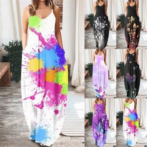 Kobiety swobodne luźne sukienki z paskiem Kolory Summer Sexy Boho Bow Camis Pocket Pocket Sukienka plus rozmiary duże duże sukienki szatę femme 220531