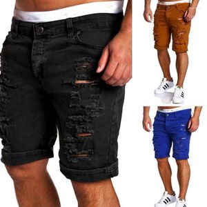 Förstöra män jeans kort sommar mode blå svart vit frayed hål knä längd denim shorts blixtlås homme casual