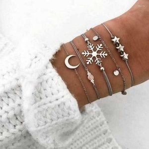 Beaded Strands Boho Multilevel Silver Color Geometric Five Pointed Star Snowflake Horns Set Armband For Women Vintage Fashion Chain Jewelr