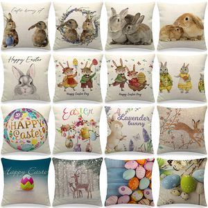 Pillow Case Easter Cushion Cover Cute Bunny Eggs Printed Pillow Covers 18x18 Inches Decorations Hare Rabbit Flower Linen Pillowcase 220623