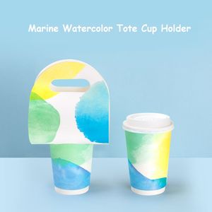 Engångs marin akvarell Koi Tote Cup Holder Rå Trä Massapapper Kraft Dryckbärare Med Handtag Dryck Takeaway TableWear MJ0456