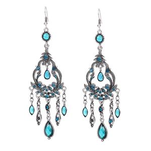 Etnik Uzun Su Damlası Püskül Küpe Kadınlar Için Boho Retro Kırmızı Hollow Çiçek Rhinestone Kristal Dangle Küpe Düğün Takı