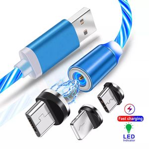 3 In1 Magnetic Current Luminous Lighting Charging Mobile Phone Cable Usb C LED Micro Type C for Iphone Huawei
