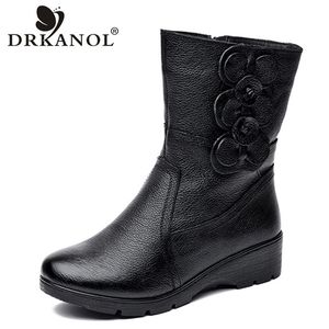 DRKANOL Fashion Women Snow Thick Plush Warm Wedge Mid Calf Side Zipper Sweet Flowers Winter Mother Boots Y200915
