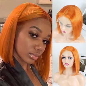 Orangefarbene Lace-Front-Perücken aus 100 % Echthaar, vorgezupft, gerade, kurze Bob-Perücke für schwarze Frauen