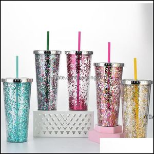 Tumblers Drinkware Kitchen Dining Bar Home Garden 24Oz Glitter Water Cup Cold Drink Straight Double-Layer Plastic St Mugs Electroplated L