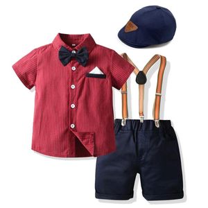 Completi di abbigliamento Kid Boy Abiti formali Set di papillon Completo estivo Camicia rossa Cappello Bellissimi pantaloncini a righe Completi per bambini Capispalla di compleannoAbbigliamento