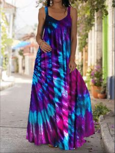 Oversized jurk dames stropdas kleurstof D print lange maxi jurk zomer bohemian riem uit schouder grote swing party jurken maat xl