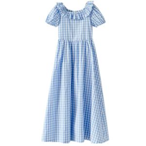 Mädchenkleider bis 18 Jahre, Kinder, Teenager, Mädchen, Sommer, kariert, Baumwolle, lässig, Maxi-langes Kleid, Kinder, Mädchen, modisch, quadratisch, Rüschenkragen-Kleider