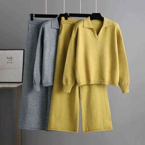 autumn winter knitted pullover suit women's loose angora polo collar sweater wide leg pants set T220729