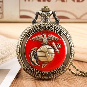 Taschenuhren Vintage United State Marine Corps Thema Quarzuhr Mode Rot Souvenir Anhänger Halskette Kette Militär Top GeschenkeTasche