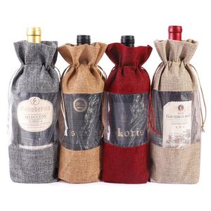 Jute Gifts Bags Gift Wrap Clear Window Burlap Champagne Wine Bottle Cover Bag Party Favors Packing Pouches Event Supplies 7 Colors DW6773