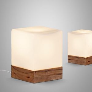 Bordslampor Cubi Lamp Cubic Frosted Glass Shade Oak Wood Base Desk Light Modern Nordic Minimalism Design Belysning Bedside El Cafetable