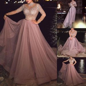Women Sexy Formal Party Dress Pink High Collar Long Sleeves Sequined Evening Wedding Dresses Ladies