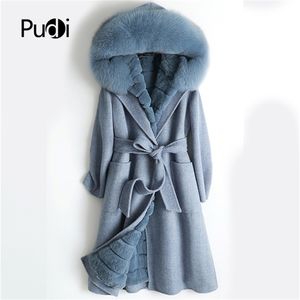 Pudi Women Real Wool Fur Coat Rex Rabbit Liner Fur Tercure Fall/Winter Female Stuck Long Wooded Jacket Outwear Zy18558 201215