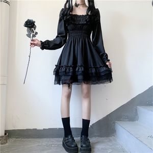 Nya japanska lolita stil kvinnor prinsessa svarta miniklänningar hög midja gotisk klänning lång puffhylsa spetsar ruffles festklänningar 210319